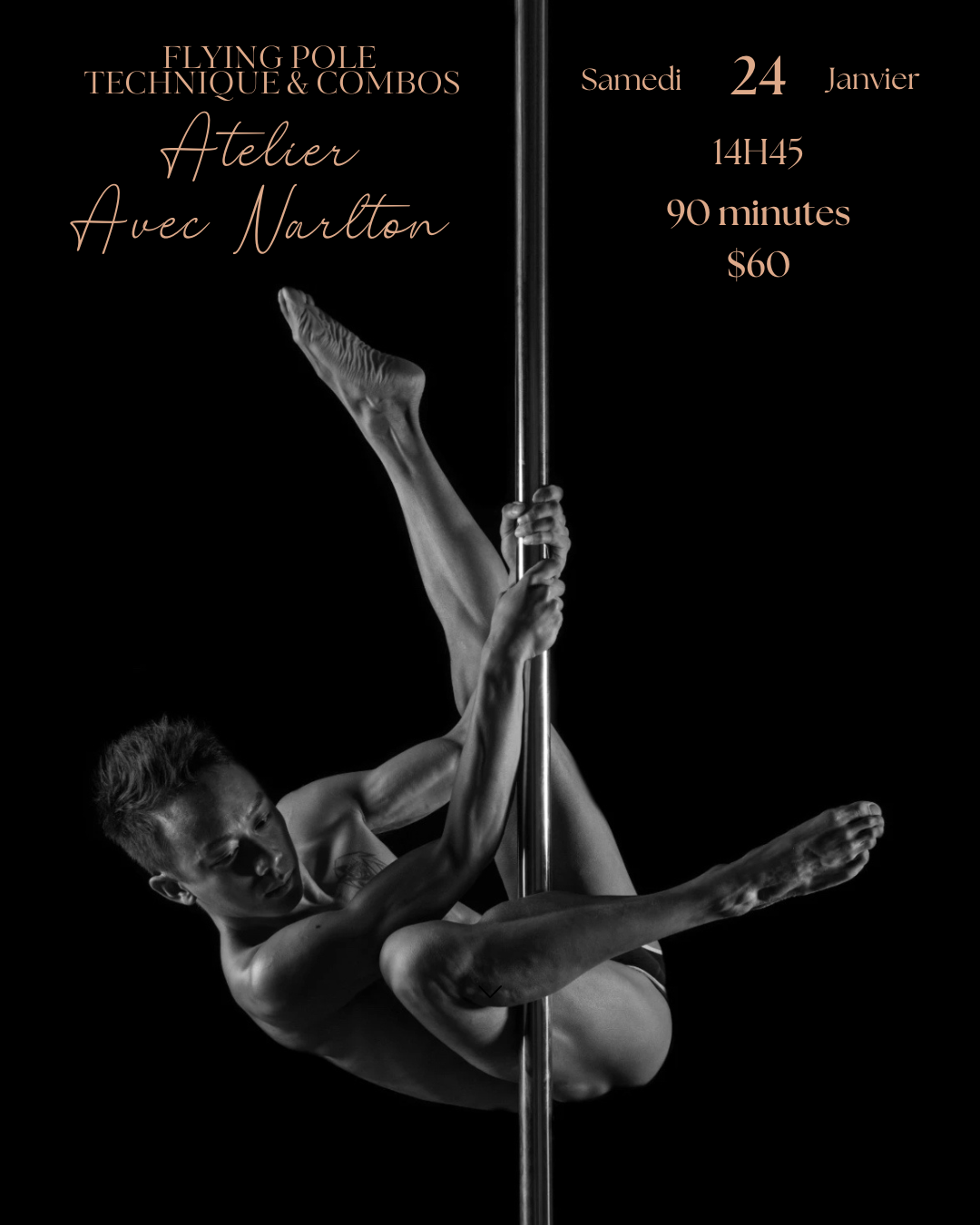 Advertisement for a pole dancing workshop with a black and white photo of a person on a pole in a pole dancing studio in Brossard.