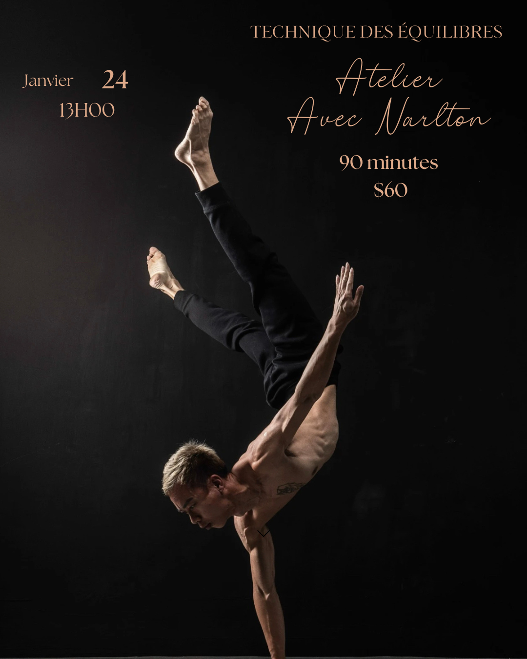 Person performing a handstand against a dark background with promotional text for a handstands technique workshop in a pole dance studio in Brossard.