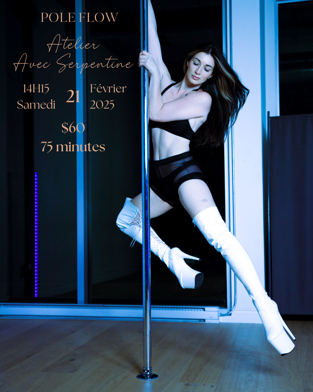 A person doing pole dancing in a pole dance studio in Brossard.