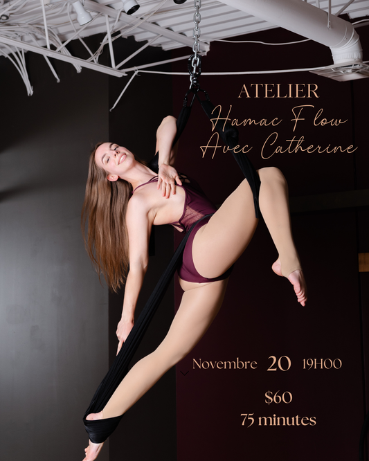 Woman hanging from a hammock with event details for 'Atelier Hamac Flow Avec Catherine' displayed.
