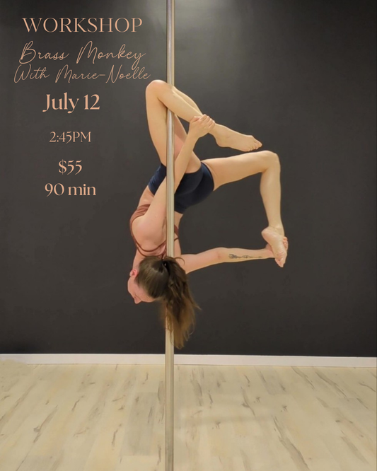 A person doing pole dancing in a pole dance studio in Brossard.