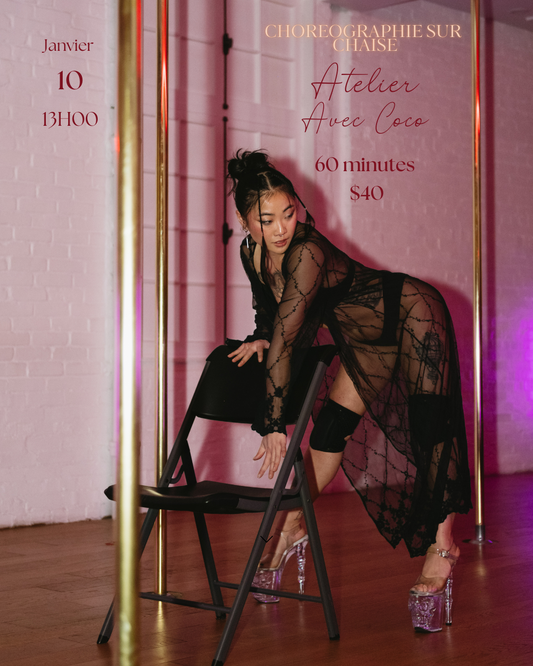 A person practicing chair dance in a pole dancing studio in Brossard