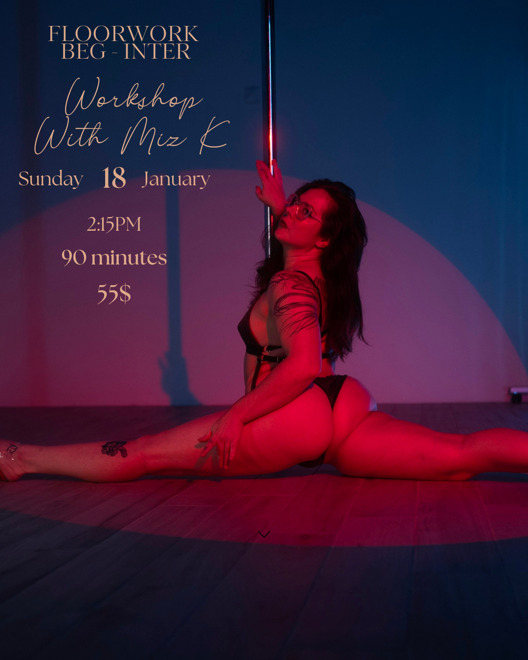 Promotional poster for a floorwork workshop with a person posing in a pole dancing studio in Brossard. 