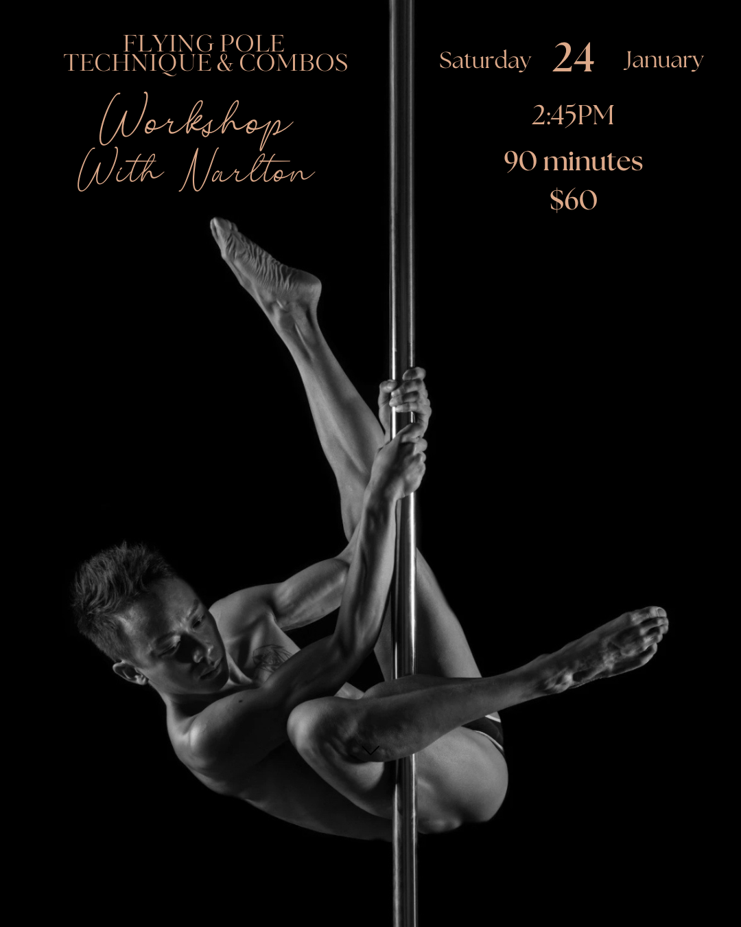 Advertisement for a pole dancing workshop with a black and white photo of a person on a pole in a pole dancing studio in Brossard.