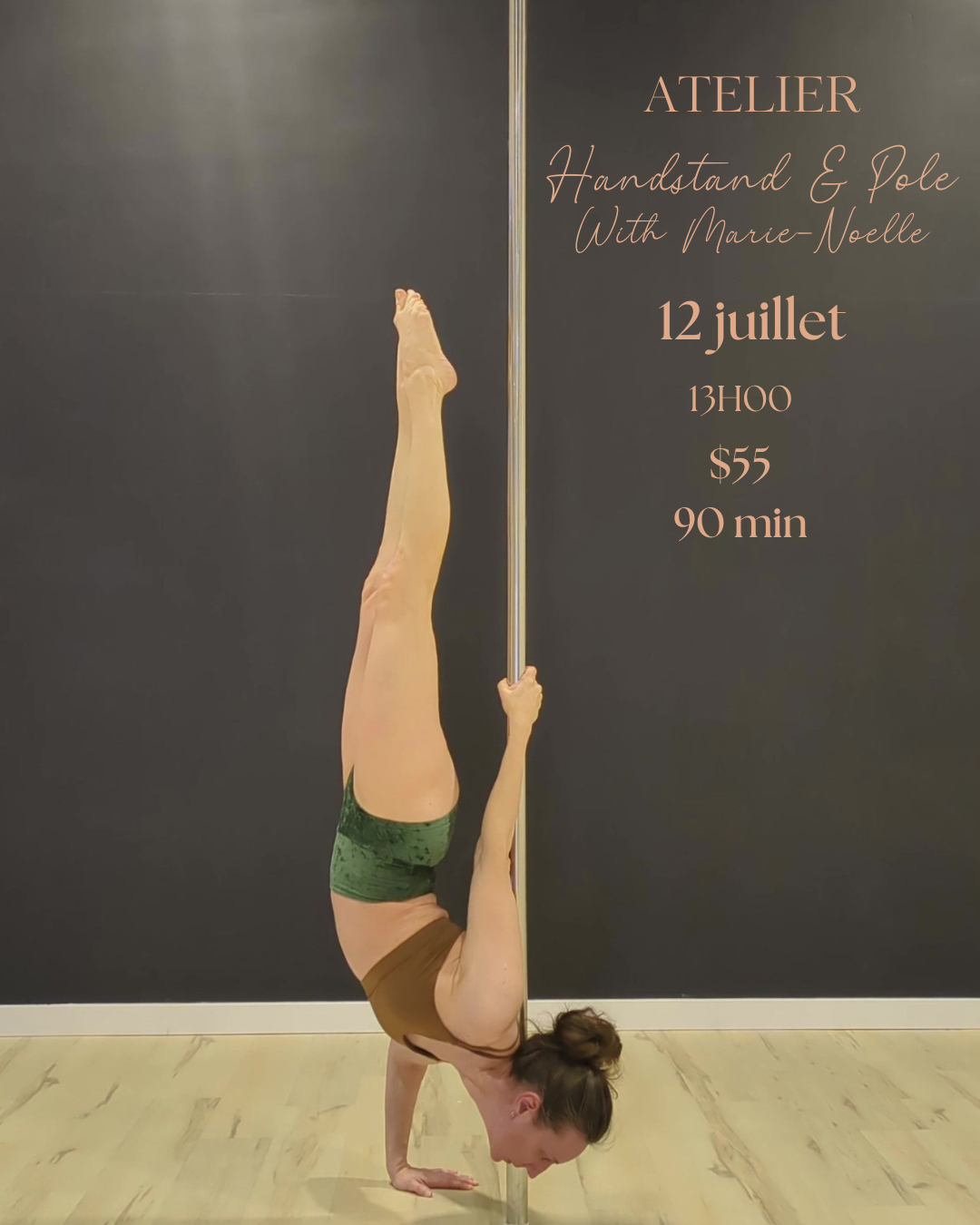 Person doing a handstand on a pole in a pole dancing studio in Brossard.
