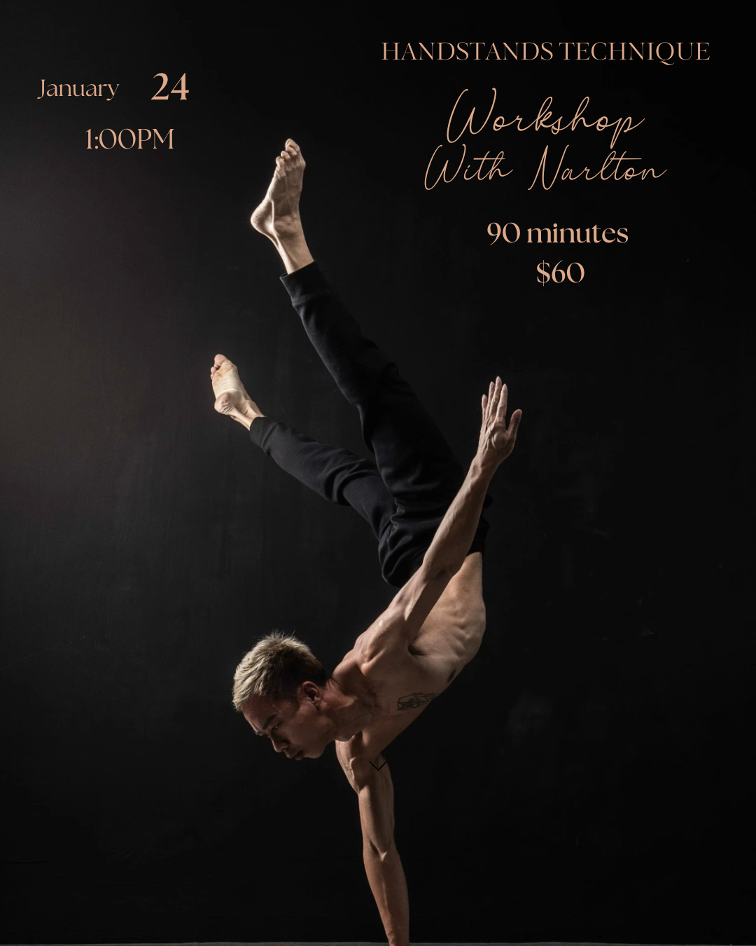 Person performing a handstand against a dark background with promotional text for a handstands technique workshop in a pole dance studio in Brossard.