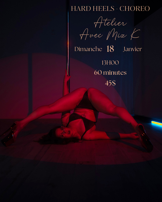 Promotional poster for a dance class with a dancer in red attire on a dark background.