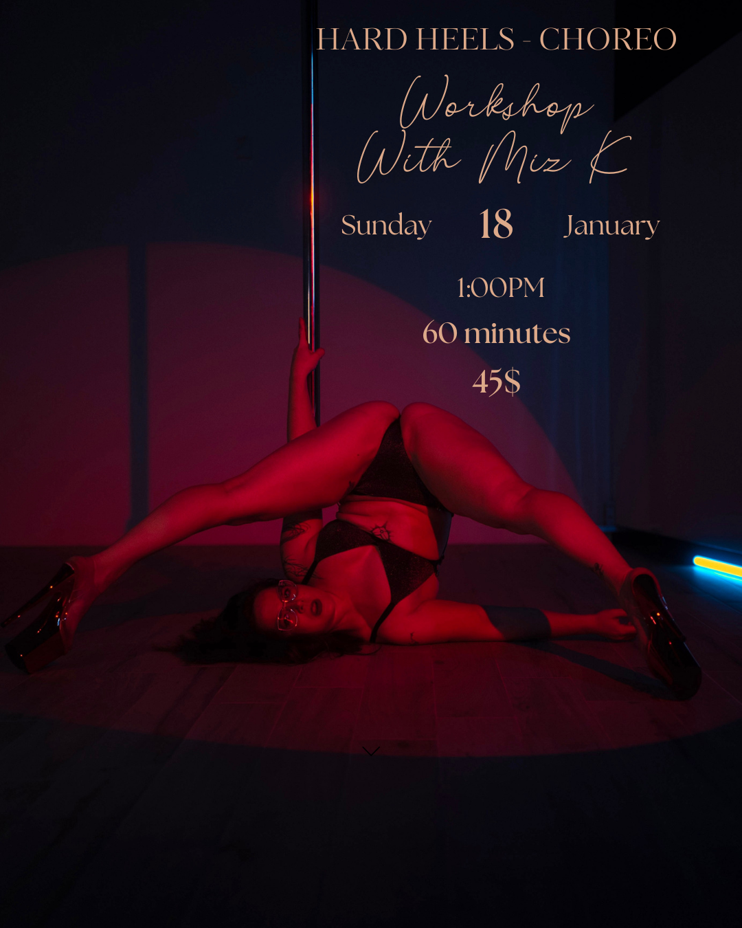 Promotional poster for a dance workshop with a dancer in red attire on a dark background.