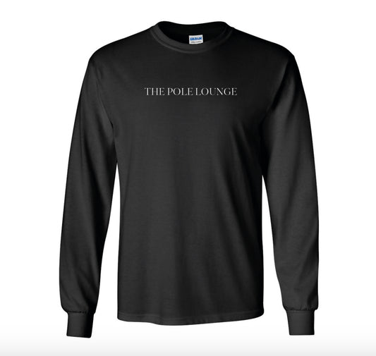 A black long-sleeve crewneck sweatshirt with 'THE POLE LOUNGE' text printed on the front.