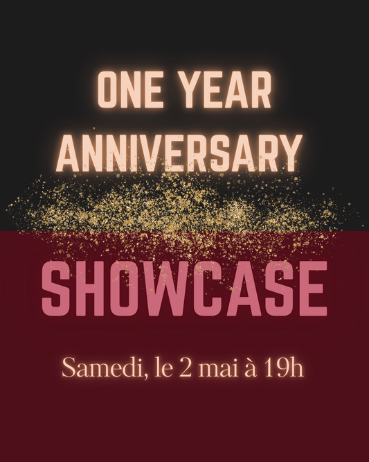 Promotional poster for a one-year anniversary showcase for a pole dancing studio on Brossard with text on a dark background.