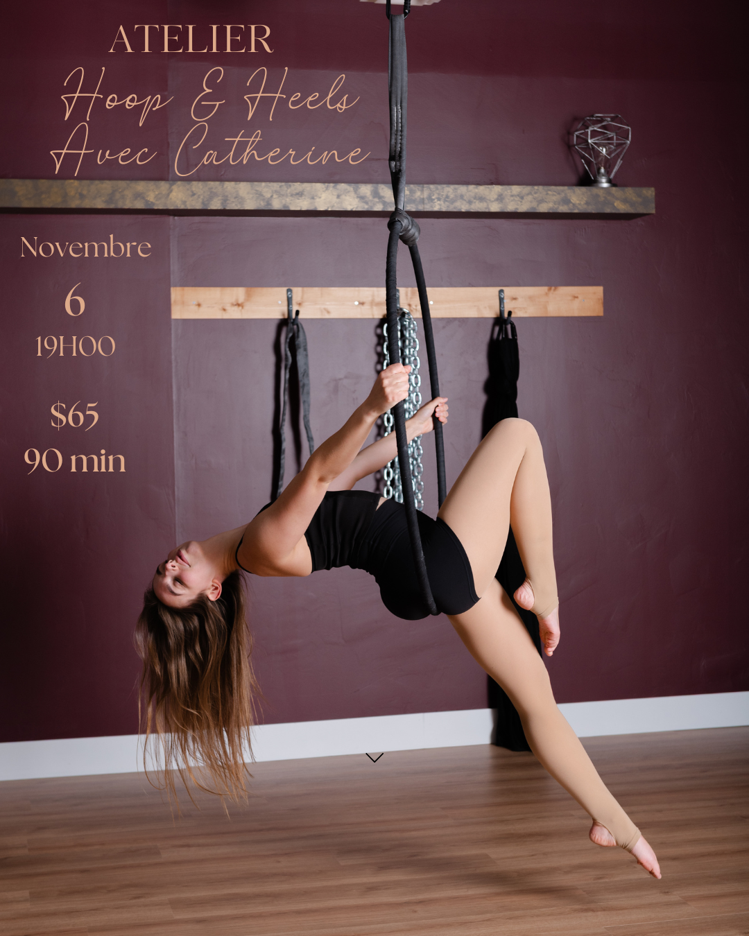 Person performing aerial hoop tricks against a purple wall with event information.