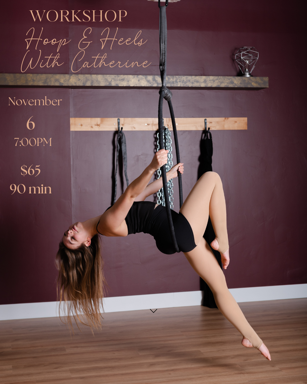 Person performing aerial hoop tricks with promotional text for a workshop on a purple wall.