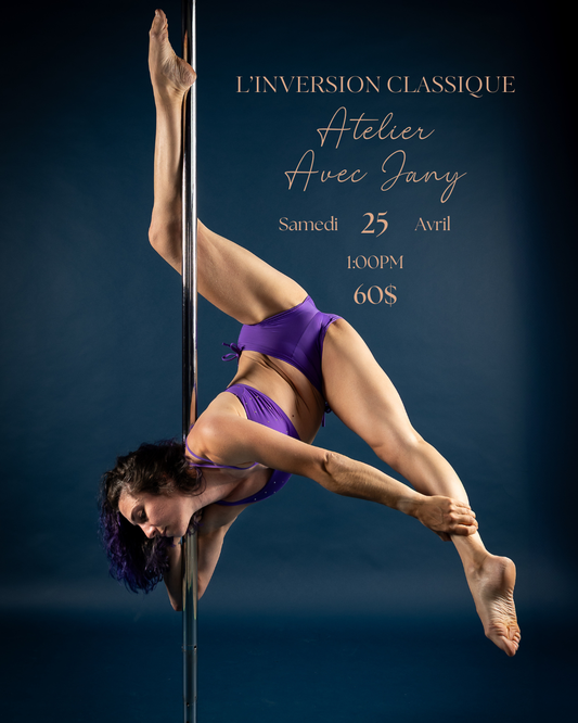 Person practicing pole dancing in a pole dance studio in Brossard. 