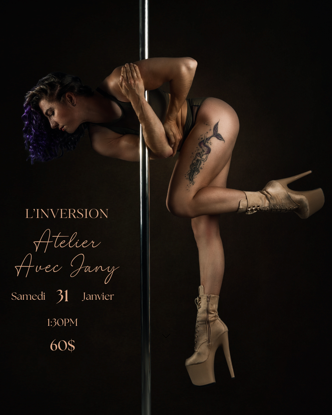 Person pole dancing in pole dancing studio in Brossard